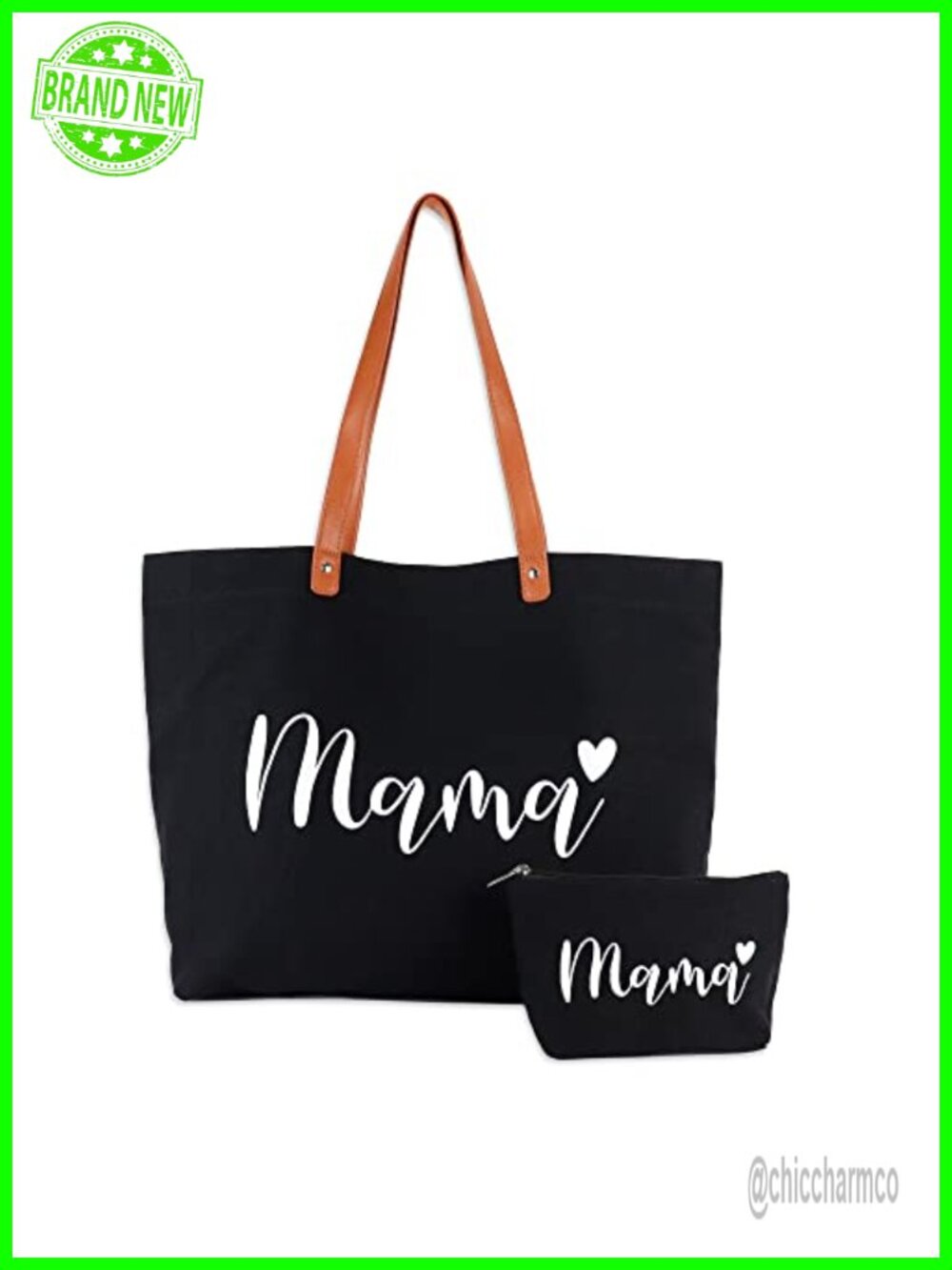 Large Canvas Vegan Leather Mama Tote Bag with Zip Top and Pouch